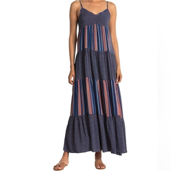 Chance for Fate tiered mixed print Boho casual maxi dress Sz L - Picture 1 of 9